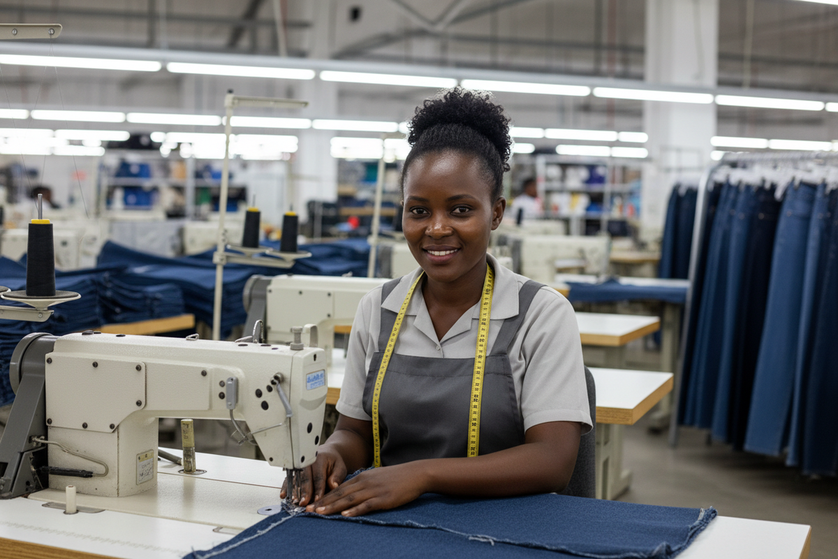 A highly realistic portrait of a Kenyan woman working in a modern garment manufacturing factory. She is seated at an industrial sewing machine, stitching denim fabric, wearing a neat factory apron and a measuring tape around her neck. She has natural features, dark hair neatly tied back, and a confident, friendly expression.  The factory environment is clean and well-organized, with sewing machines, fabric rolls, and garment racks visible in the background. 