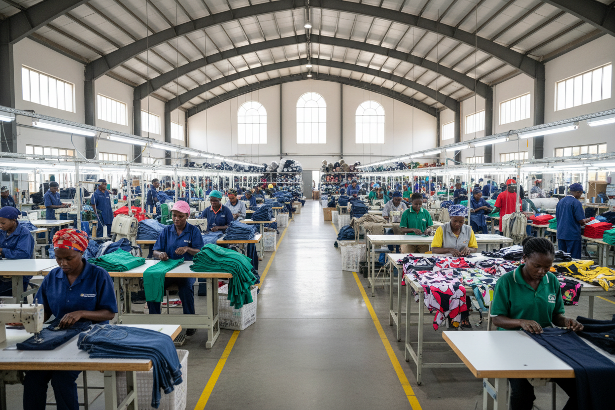 Photorealistic modern garment factory in Kenya with a high ceiling. Show diverse Kenyan male and female workers (different ages, facial features, hairstyles, builds) operating industrial sewing machines. Multiple garment types visible—jeans, scrubs, pants, T-shirts, swimwear. Clean, spacious, well-lit, professional homepage hero image.No identical faces, no same uniforms on all workers, no single gender, no repeated garments at every machine, no low ceiling, 